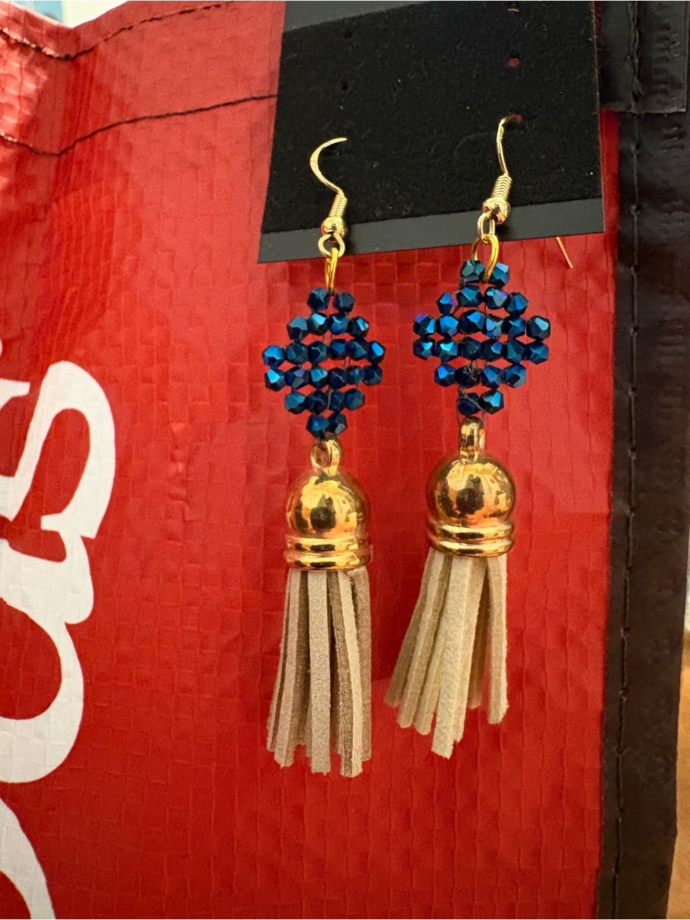 Gold Tassel Earrings with Metallic Blue Crystal Beads - Women Jewelry